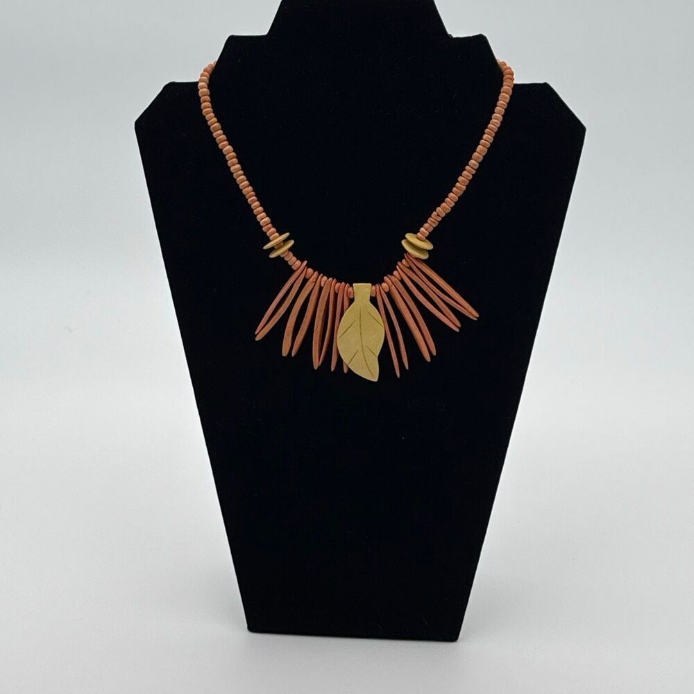 Vintage 1980s Wood Bead Fringe Necklace Southwest Leaf Statement 16 Inch